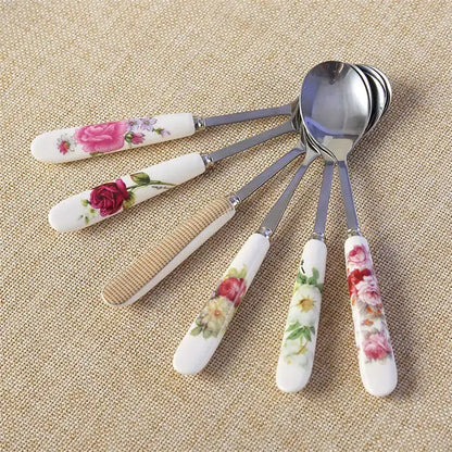 Set of five decorative ceramic-handled coffee spoons with floral designs and stainless steel bowls from decorbites spoon set