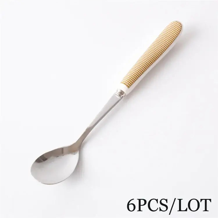 Decorbites™ coffee spoon set featuring a stainless steel spoon with a textured beige woven handle for elegant use