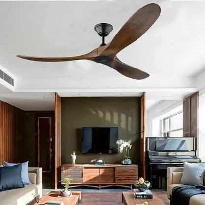 Decorbites 60-inch dc industrial vintage wood ceiling fan with dark wood blades and black central hub for vintage wood ceiling decor