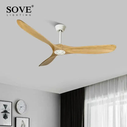 Sove lighting ceiling fan with three light-colored solid wood blades and a white hub in decorbites 60 wood dc ceiling fan