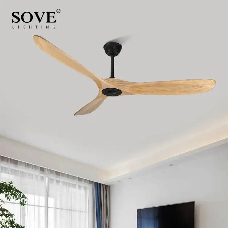 Decorbites 60 solid wood dc ceiling fan with three light wood blades and black central hub ceiling fan