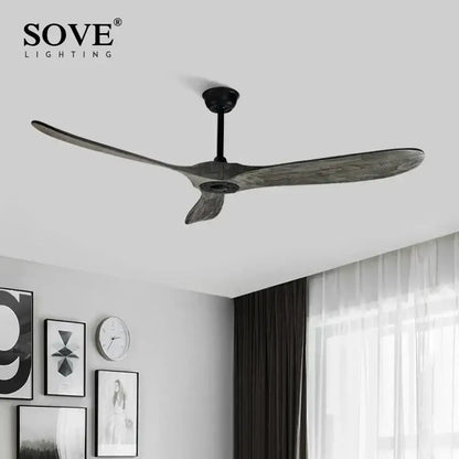 Sove lighting ceiling fan with three dark gray wood-grain blades and black motor housing vintage wood ceiling fan