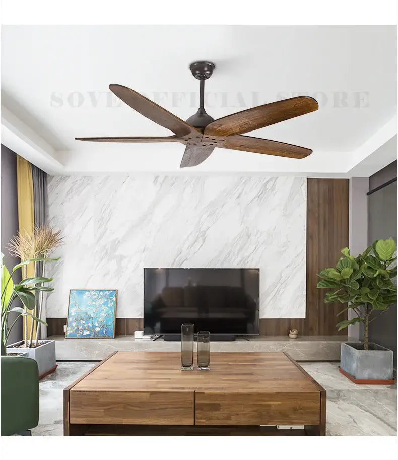 Dark bronze DecorBites 60 inch ceiling fan with five wooden blades, led light, and remote control features