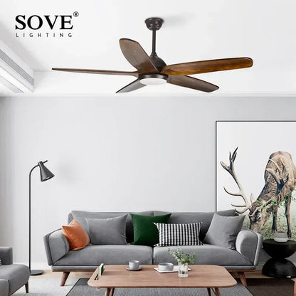 DecorBites™ 60 inch ceiling fan with dark brown wood blades black housing integrated led light and remote control