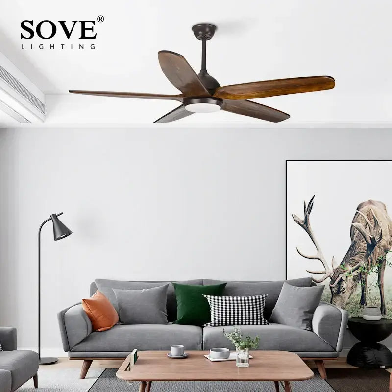 DecorBites™ 60 inch ceiling fan with dark brown wood blades black housing integrated led light and remote control