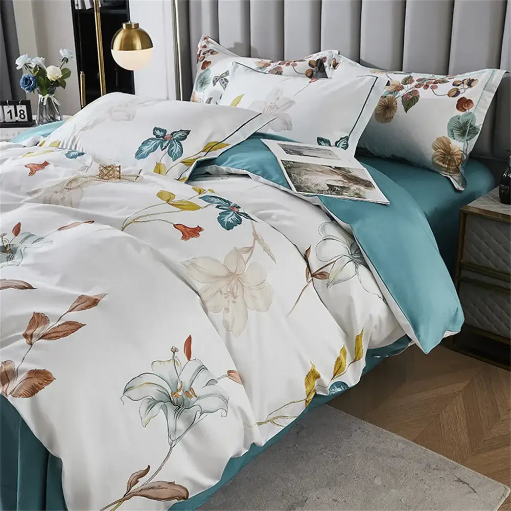 Decorbites 600tc egyptian cotton bedding set with white and teal floral print in soft pastel botanical design