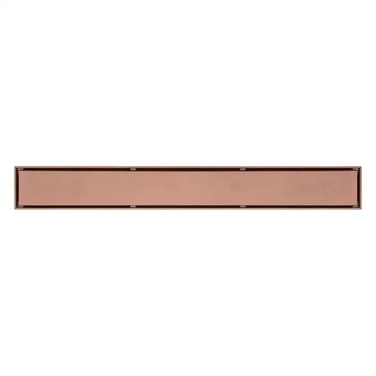 A sleek 60cm rose gold bathroom floor drain strainer in copper-colored metal with dark brown trim and smooth finish