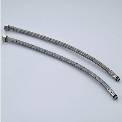 Two metallic braided plumbing hoses with red and blue hexagonal fittings in 60cm stainless steel design