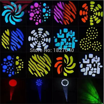 Decorbites™ 60w led spot moving head light displaying vibrant multicolor swirls dots and stripes patterns for dj use