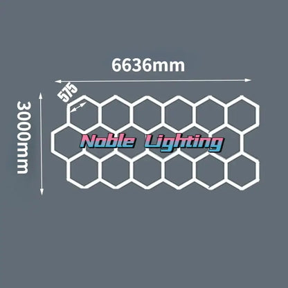 White led hexagrid panel with noble lighting branding for DecorBites 6500k led hexagrid system in workshop and gym use