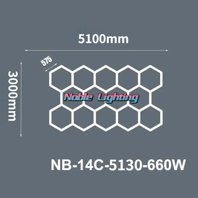 White led hexagrid lighting panel 6500k led hexagrid model nb-14c-5130-660w 5100mm by 3000mm for workshop gym studio