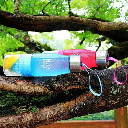 Decorbites™ 650ml infuser water bottle with blue and pink translucent design, metallic caps, and colorful straps for hydration