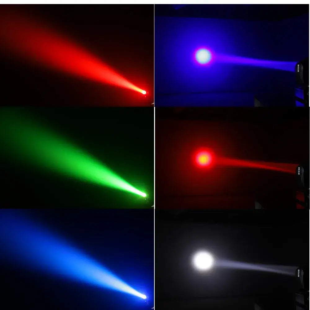 Decorbites™ 65w rgbw sleek black beam moving head light projecting vibrant red blue green and white beams