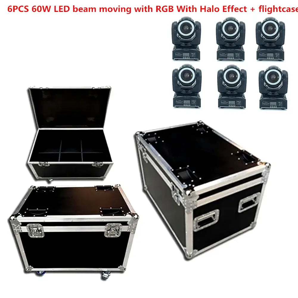 Six black 65w rgbw beam led moving head lights with rgb halo effect displayed with two flightcases for disco parties