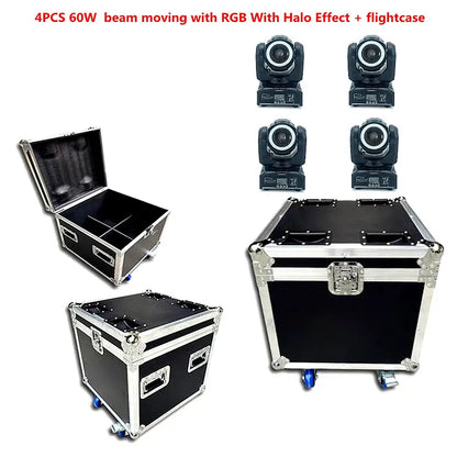 Set of four black decorbites 65w rgbw beam led moving head lights with halo effect in a sturdy flightcase for disco parties