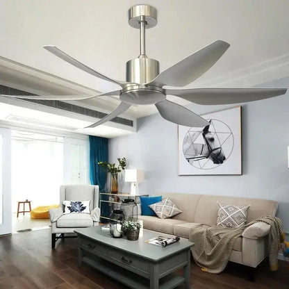 Decorbites 66 ceiling fan with remote control features five sleek silver metallic blades and brushed stainless steel housing