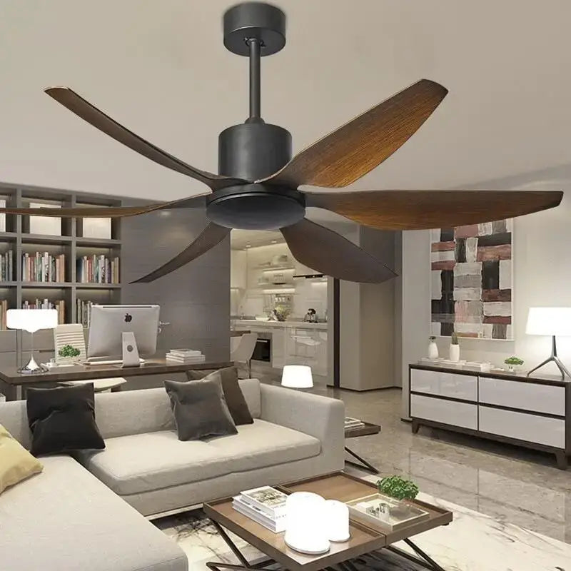 Decorbites 66 inch ceiling fan with dark matte motor housing, five wooden blades, fan light, and remote control