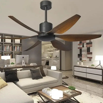 Decorbites 66 inch ceiling fan with dark matte motor housing, five wooden blades, fan light, and remote control