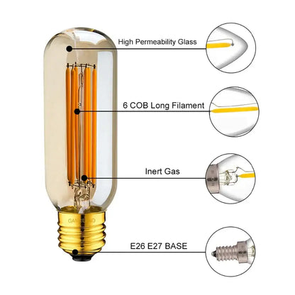 Vintage-style amber glass filament bulb with six cob filaments and gold e26 e27 base 220v led tubular filament bulb