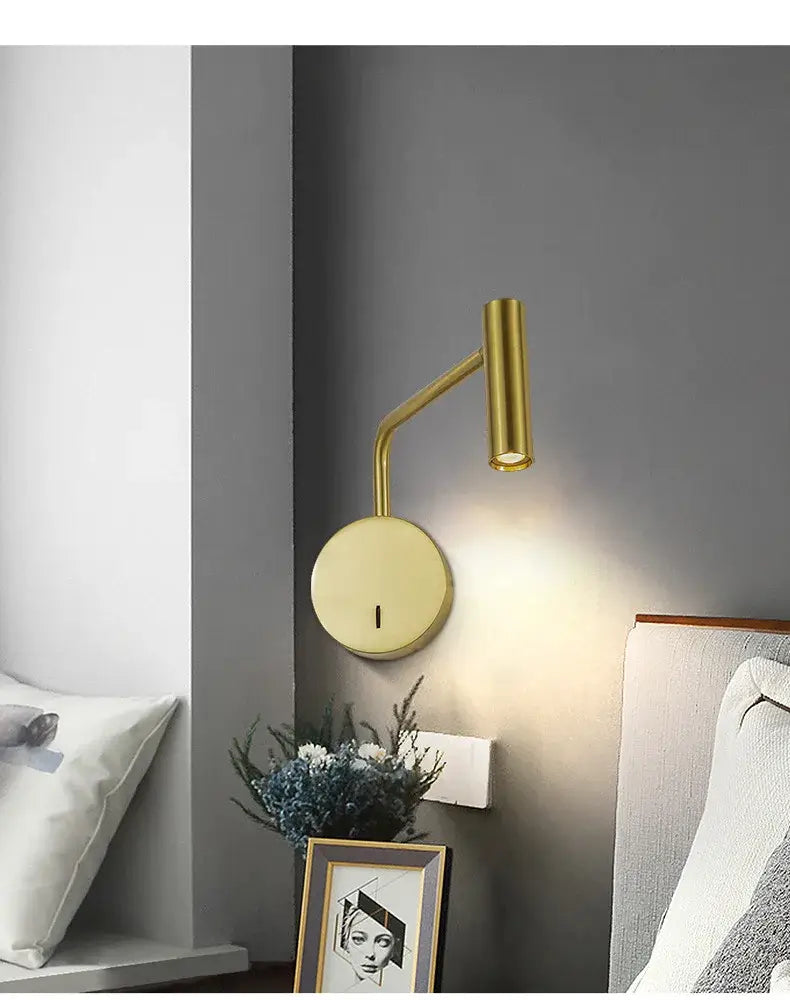 Gold-finished DecorBites™ 6W modern led wall lamp with sleek curved arm and circular base for home and hotel reading light
