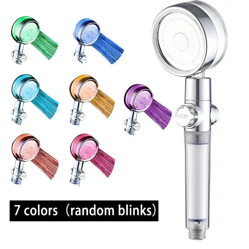 Chrome finished handheld shower head with transparent filter housing and seven color changing led options by decorbites