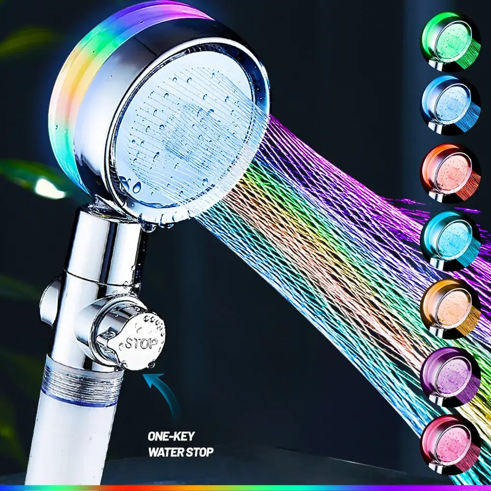 DecorBites™ handheld shower head with chrome finish rainbow LED lights multiple spray settings and stop button