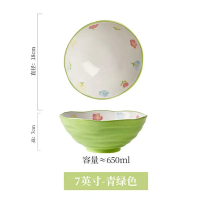 Decorbites 7 inch hand-painted ceramic ramen bowl in light green with scalloped rim and pink blue floral patterns