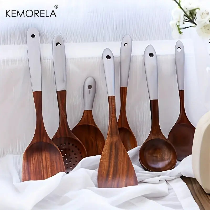 Set of decorbites™ 7-piece thai wooden cooking utensil set with sleek silver handles and natural wood grain finish
