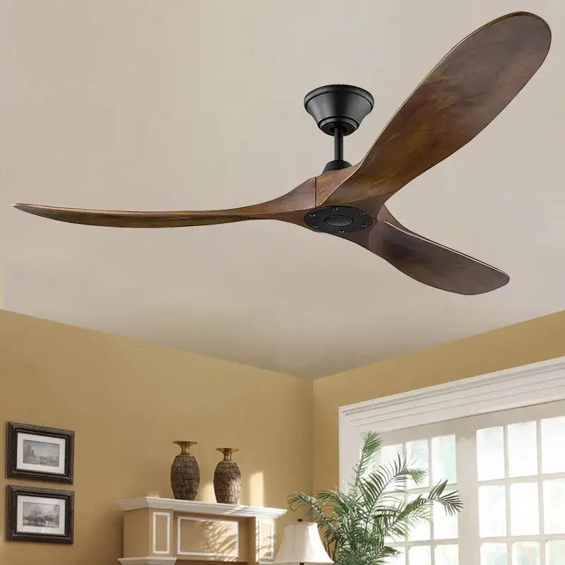 Modern decorbites 70 inch ceiling fan with three dark brown wooden blades and black hub with remote control
