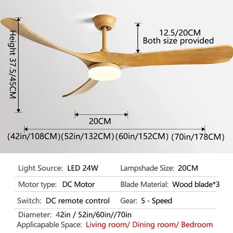DecorBites™ 70 wooden ceiling fan with three light wood blades and central led lamp for year-round comfort