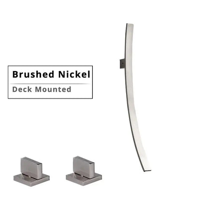 Brushed nickel curved deck-mounted door handle with matching square base plates for wall mounted basin mixer tap