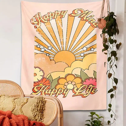 Pastel pink wall hanging decorbites 70s girl sunset tapestry with retro sunburst and colorful floral stars design