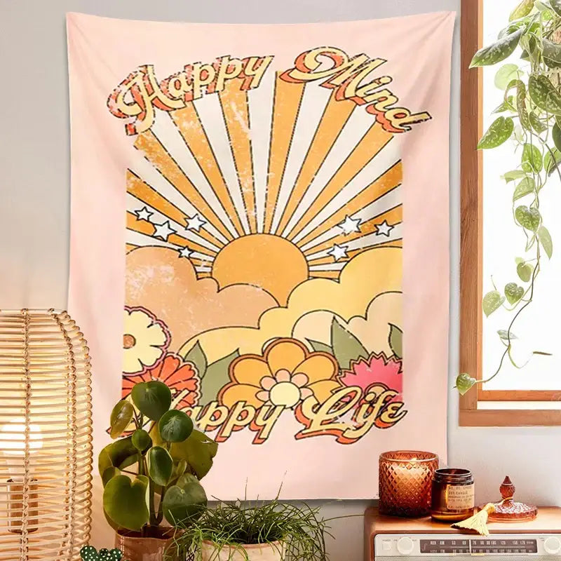 A soft pink decorbites 70s girl sunset wall hanging with retro sunburst and happy mind happy life design for boho decor
