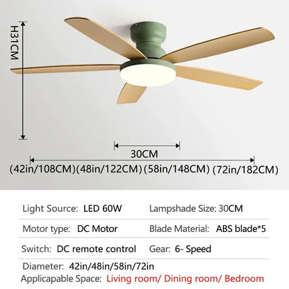 DecorBites™ 72 inch low floor fan light chandelier with five light wood blades and sage green led ceiling fan housing