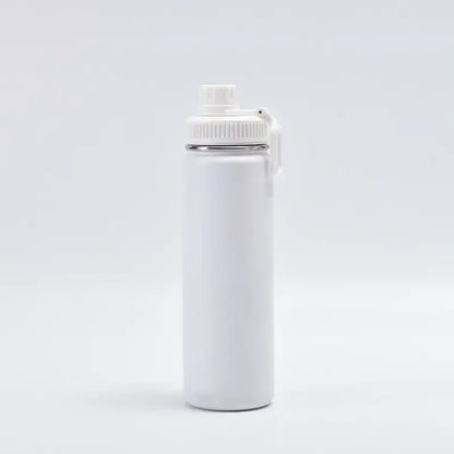 White insulated stainless steel sports water bottle with flip-top spout and carrying loop vacuum thermos