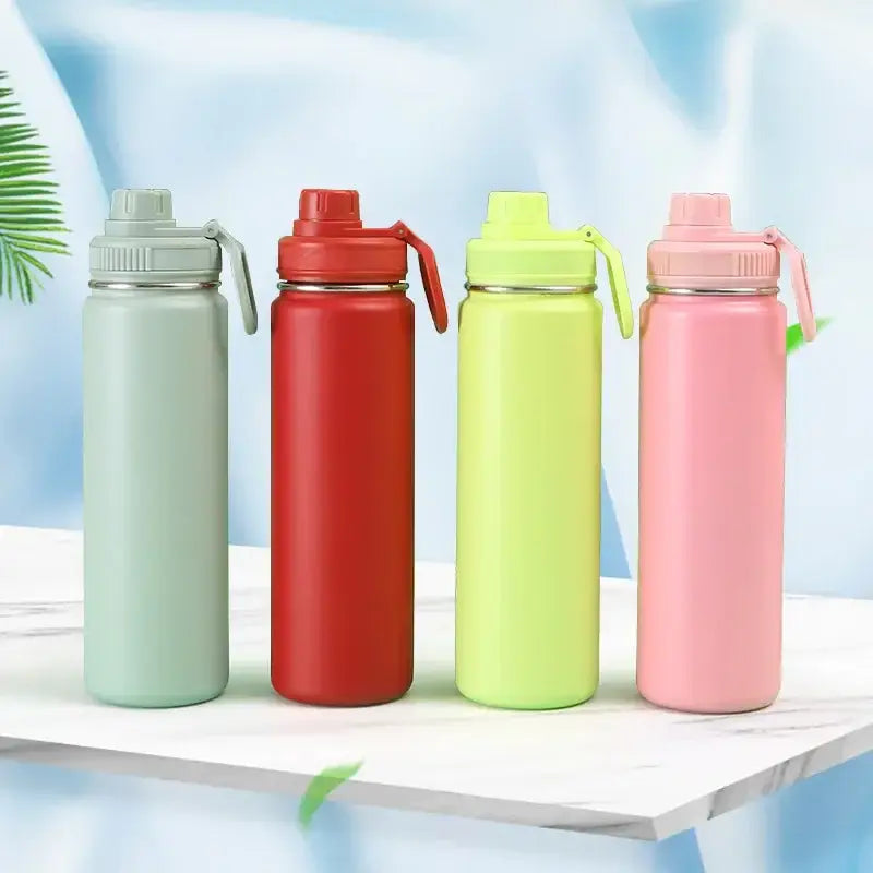 Decorbites™ 750ml stainless steel insulated sports water bottles in pastel mint red lime green and pink with carrying loops