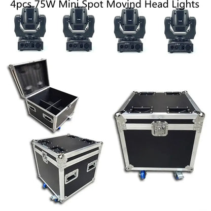 Four black decorbites 75w led moving head mini spot lights with silver accents and wheeled transport case