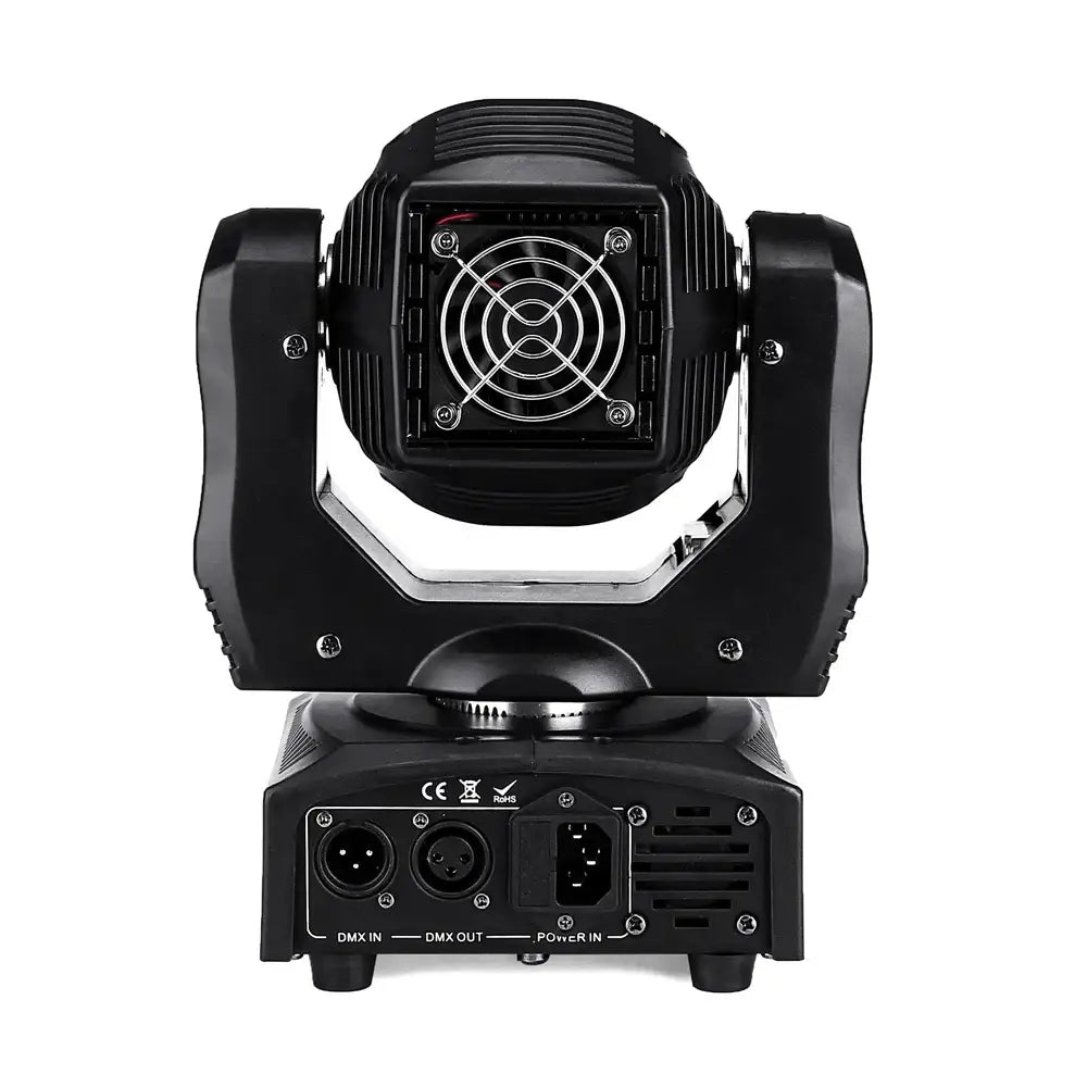 Black professional DecorBites 75w led moving head stage light with square head, fan grille, and sturdy mounting arms