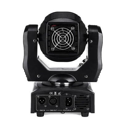 Black professional DecorBites 75w led moving head stage light with square head, fan grille, and sturdy mounting arms