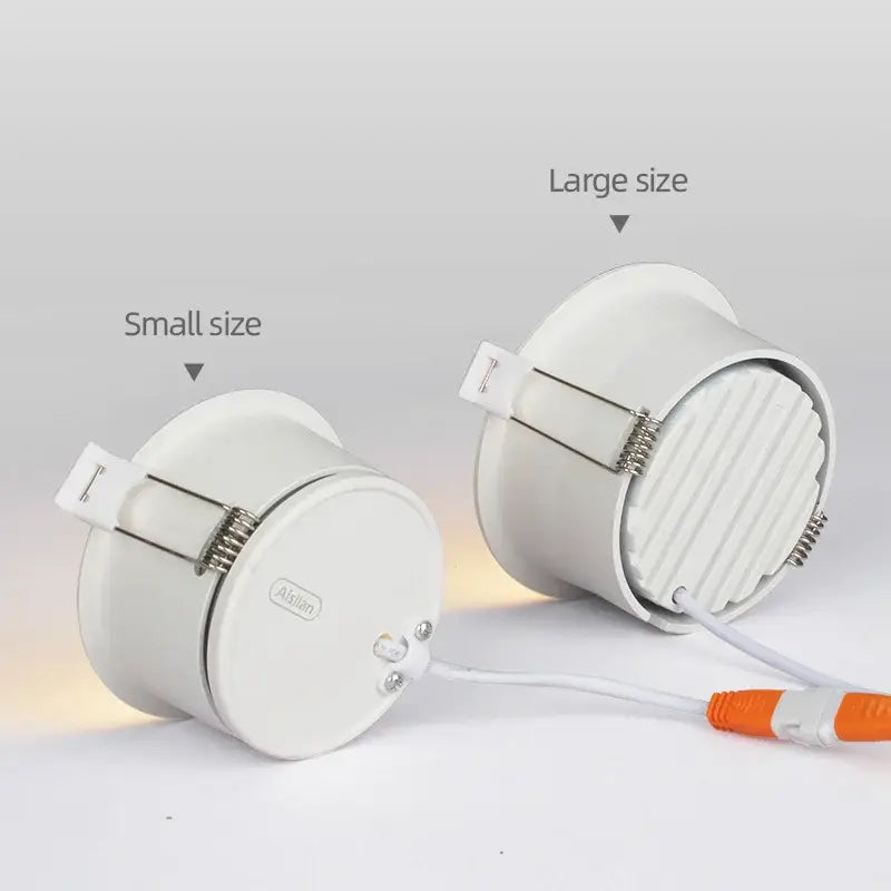 White aluminium decorbites soft anti-glare led downlight with circular recessed ceiling design in small and large sizes