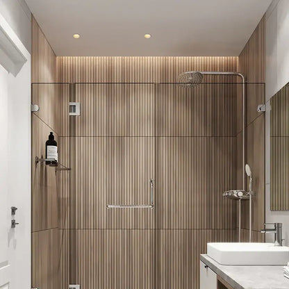 Modern shower enclosure with wood-look panels and brushed stainless steel rainhead shown alongside decorbites 7w led downlight with 30° beam angle