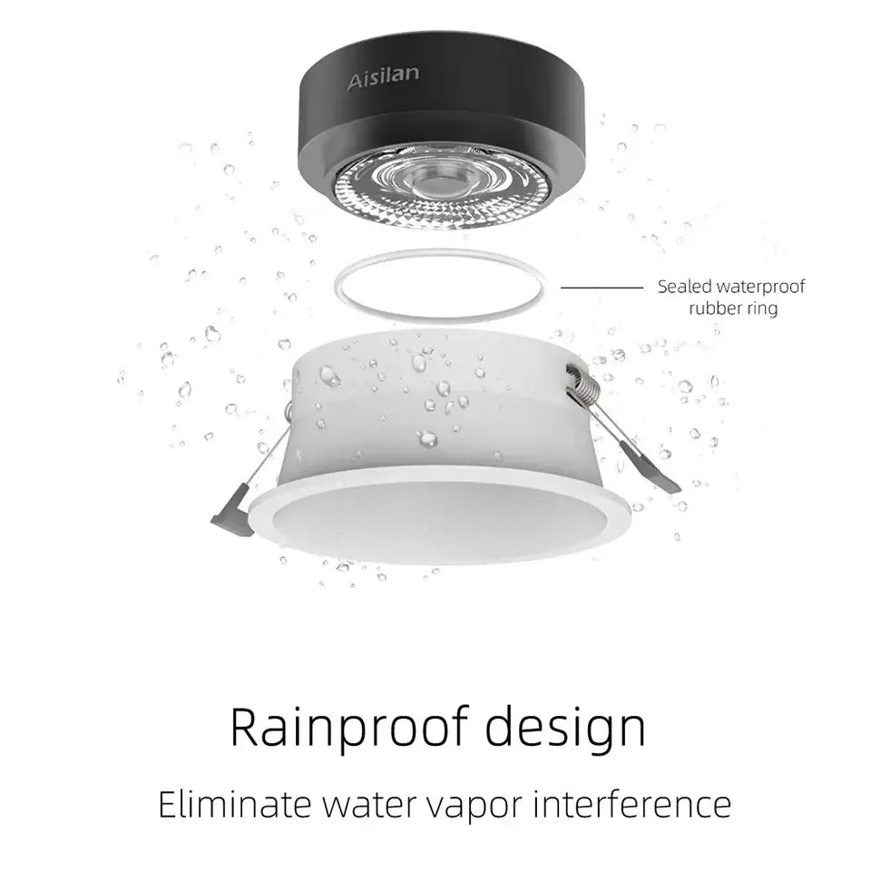 Black and white aisilan brand decorbites’s 7w led downlight with sealed waterproof rubber ring and 30 degree beam angle