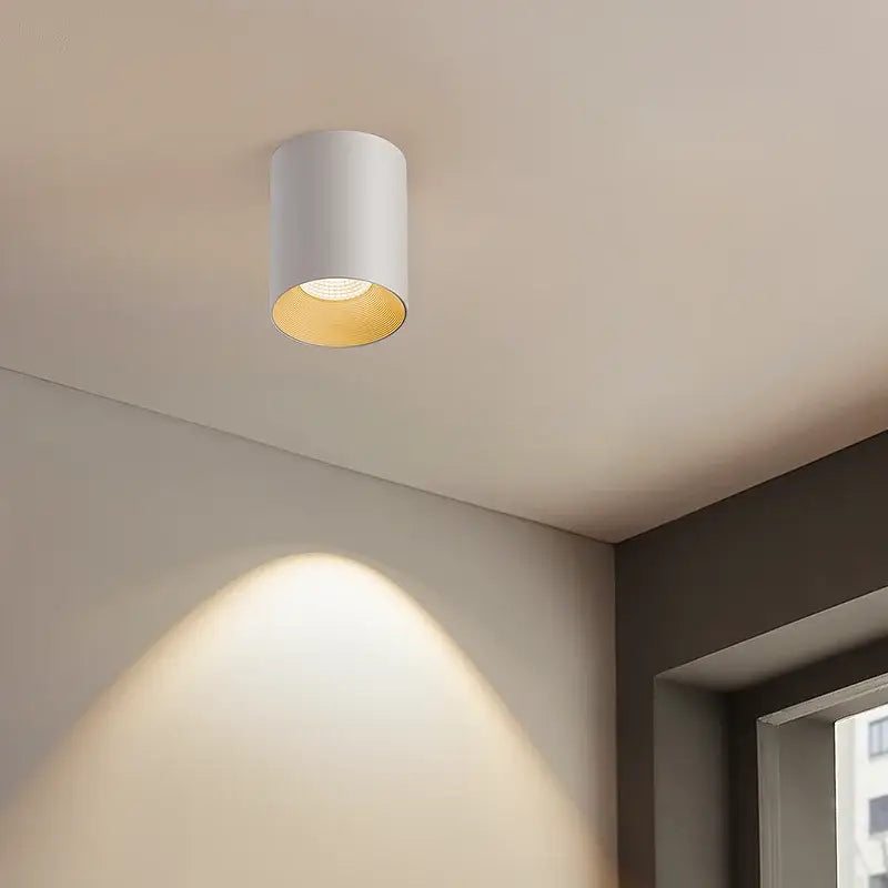 Decorbites 7w matte aluminum ceiling downlight with white cylindrical matte aluminum body and gold interior light for bedroom corridor
