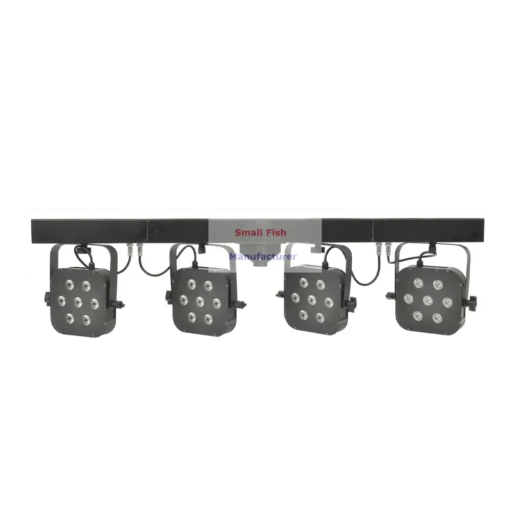 Black led light bar with four square fixtures each housing nine circular leds in decorbites 7x40w rgbw led par kit
