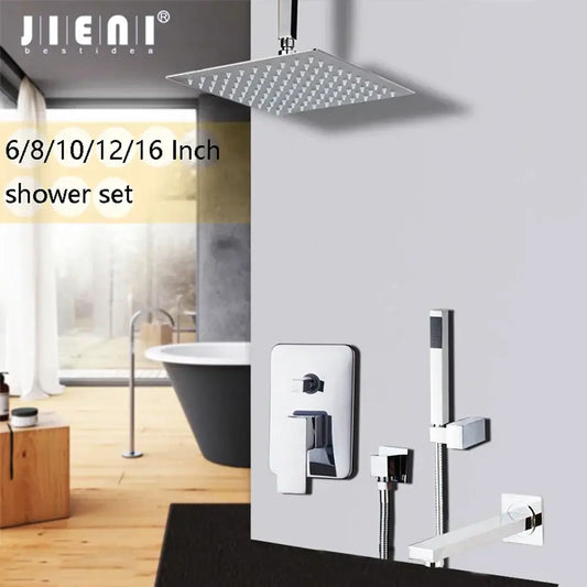 Silver square inch chrome showerhead with small nozzles in DecorBites™ chrome shower set with brass faucet