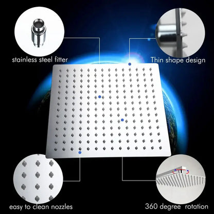 Square stainless steel showerhead with thin profile and evenly spaced nozzles in decorbites inch chrome shower set
