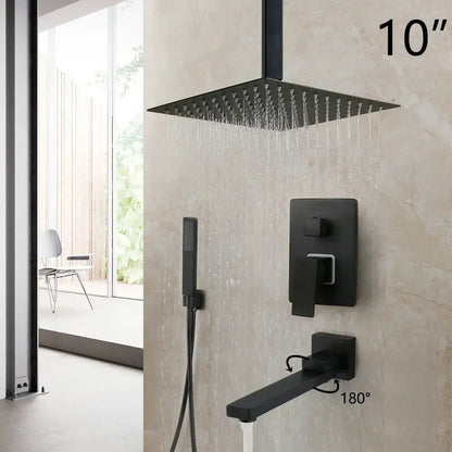 DecorBites 10-inch square matte black led rainfall showerhead with handheld shower and wall-mounted control panel