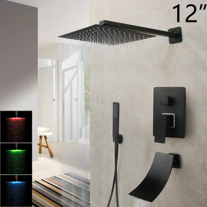 Black matte-finish 12-inch square rainfall showerhead with integrated matte black led lighting from decorbites set