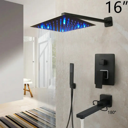 Decorbites 16 inch matte black led rain shower head with blue lighting in rainfall shower faucet set