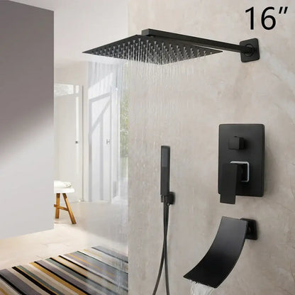 Decorbites 16 inch matte black led rainfall shower faucet set with square rain shower head and handheld sprayer